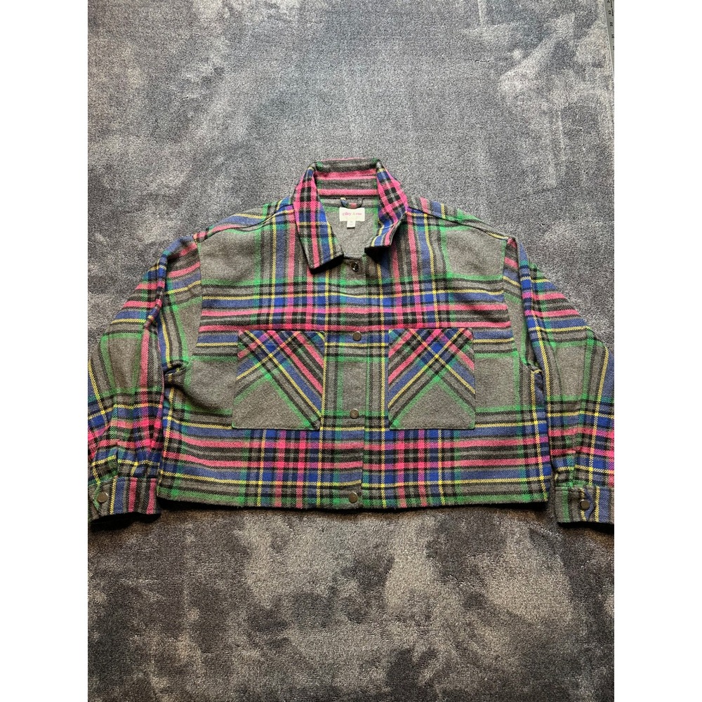 Riley & Rae Women Medium Crop Plaid Shirt Jacket Grey/Pink/Green Wool Blend-258